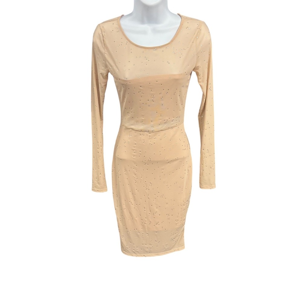 Nude Rhinestone Long Sleeve Small‎ Mesh Mini Dress Bodycon Party Homecoming